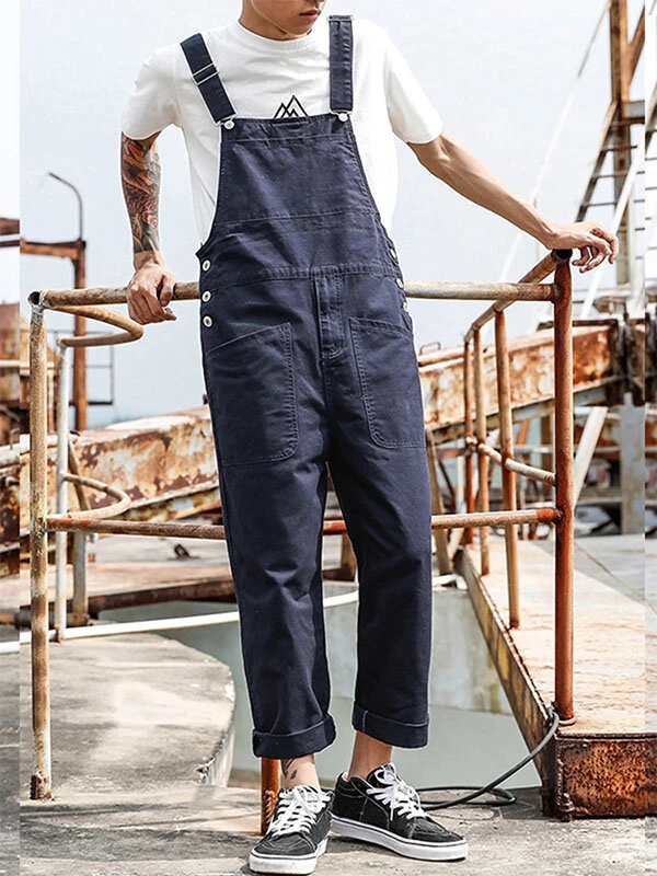 (image for) INCERUN Men Bib Pants Solid Color Jumpsuits Multi Pockets Casual Suspenders Cargo Overalls Fashion Men Jumpsuit S-5XL