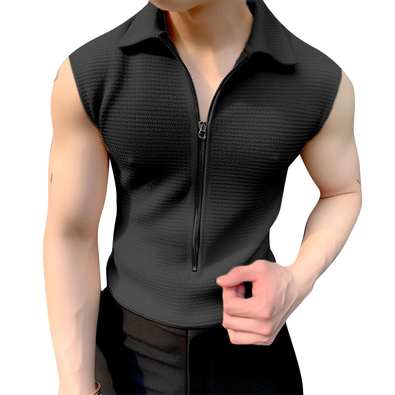 (image for) INCERUN Men Tshirts Male Comfy Lapel Sleeveless Zipper Blouse Streetwear Casual Solid Color T-Shirts Leisure Summer Round Neck Tee Tops
