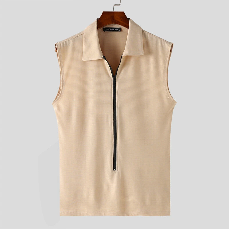 (image for) INCERUN Men Tshirts Male Comfy Lapel Sleeveless Zipper Blouse Streetwear Casual Solid Color T-Shirts Leisure Summer Round Neck Tee Tops