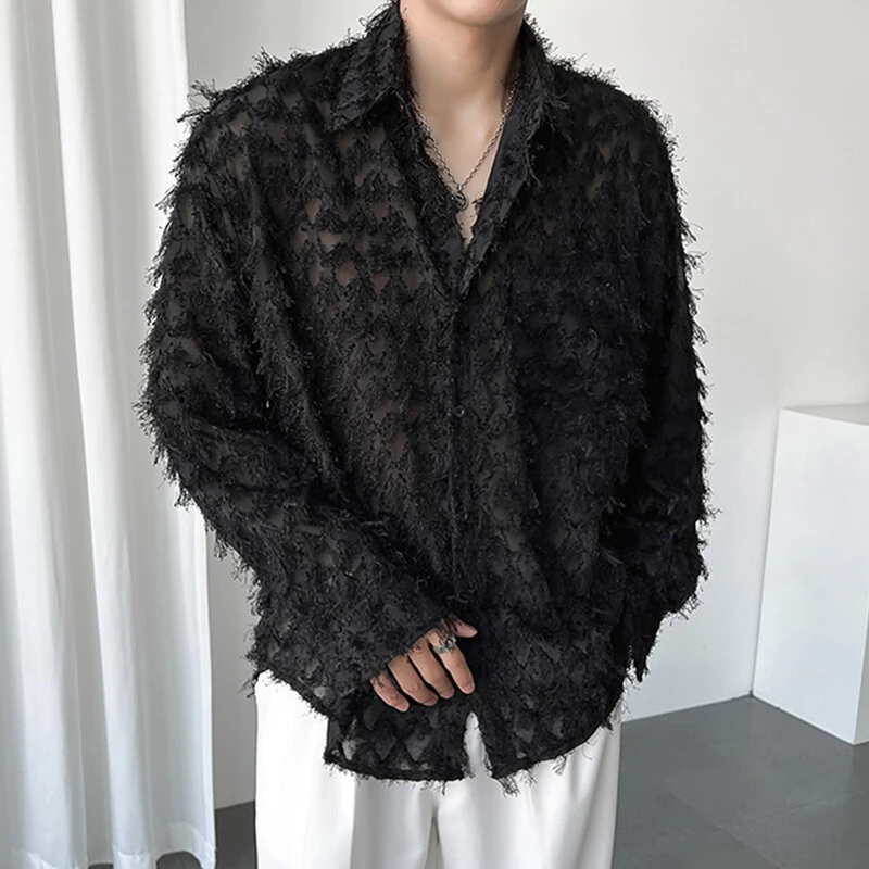 (image for) INCERUN Mens Fringe See Through Long Sleeve Shirt Fashion Pactwork Thin Spliced Tulle Lapel Blouse Loose Fit for Men S-5XL