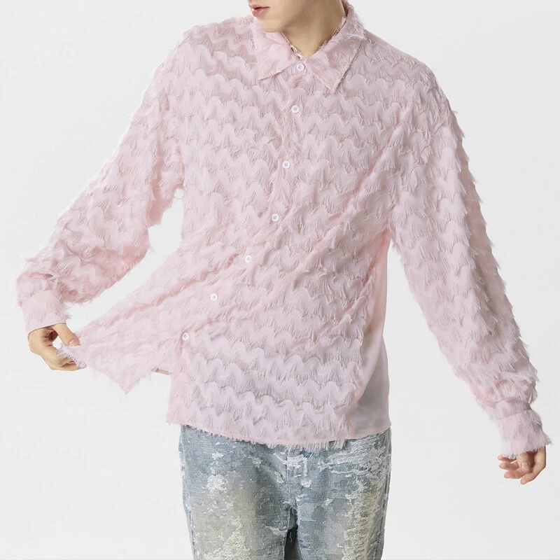 (image for) INCERUN Mens Fringe See Through Long Sleeve Shirt Fashion Pactwork Thin Spliced Tulle Lapel Blouse Loose Fit for Men S-5XL