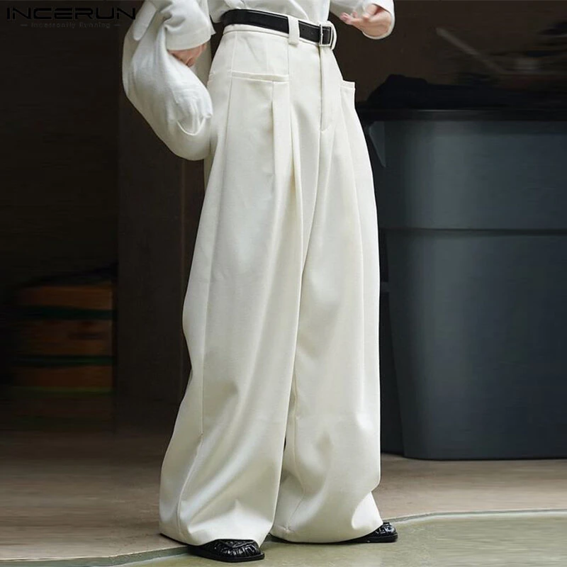 (image for) INCERUN Mens Solid Pleated Design Casual Straight Pants Casual Comfortable Wide Legged Long Pant with Pockets