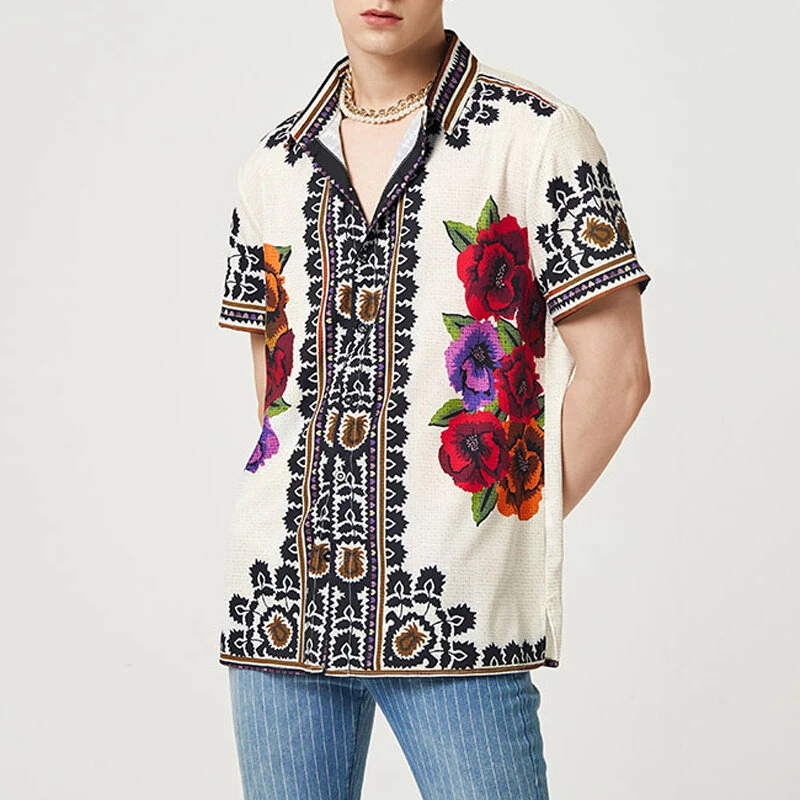 (image for) INCERUN Mens Vintage Floral Print Shirt Ethnic Print Button Up Lapel Short Sleeve Top Fashion Loose Fit for Men S-5XL